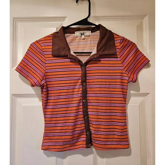No Comment Tops - Size Small Button Up Top Collared Striped Tee 90's 70's Y2K Fashion No Comment